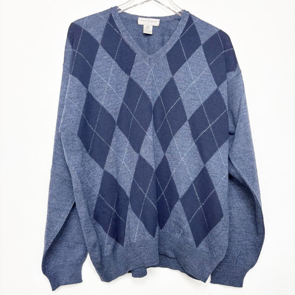 Men's Vintage Tricots St Raphael V- Neck Blue Argyle Wool Sweater L
